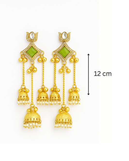 Golden tone kashmiri earrings with green stone