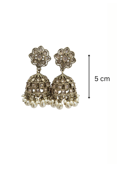 Brass tone jaali jhumka in champagne colour