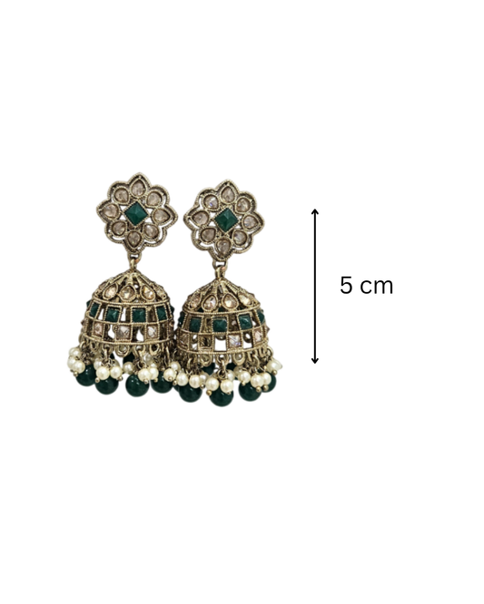 Brass tone jaali jhumka in green colour