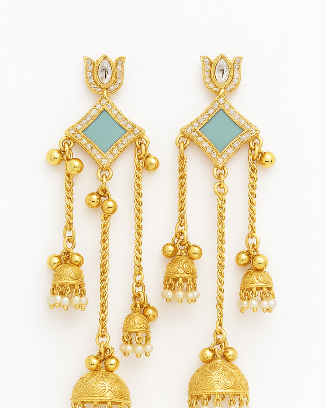 Golden tone kashmiri earrings with grey stone