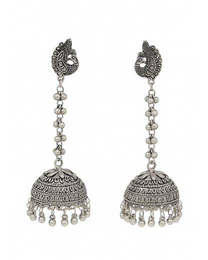 Long silver oxidised jhumka