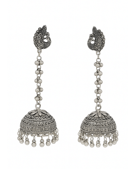 Long silver oxidised jhumka