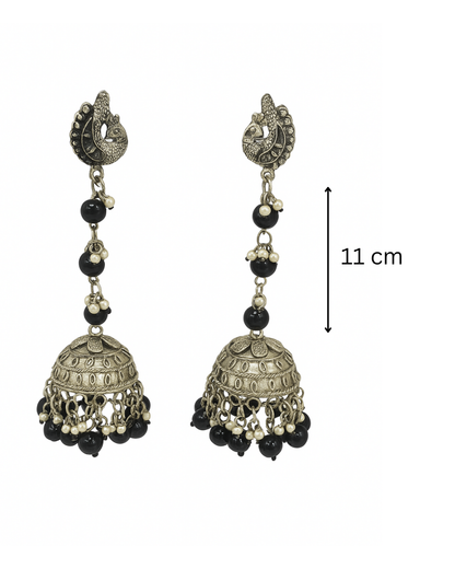 Long black and white beaded oxidised jhumka