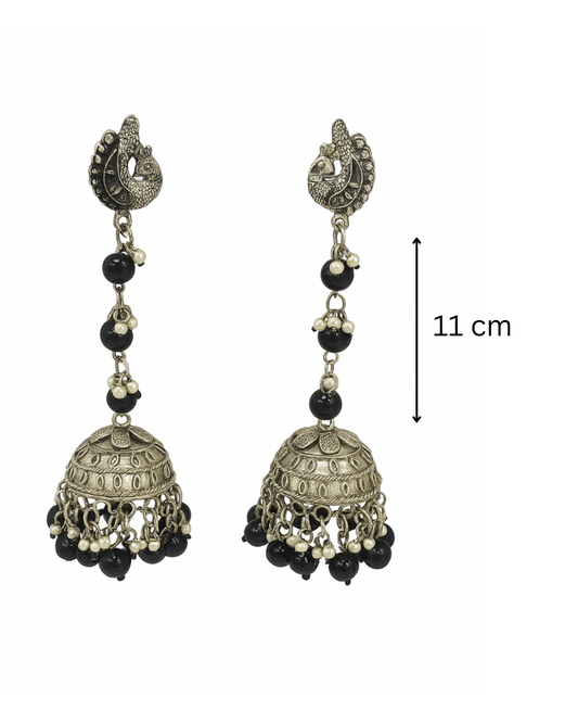 Long black and white beaded oxidised jhumka