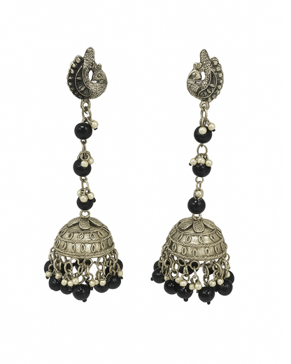 Long black and white beaded oxidised jhumka