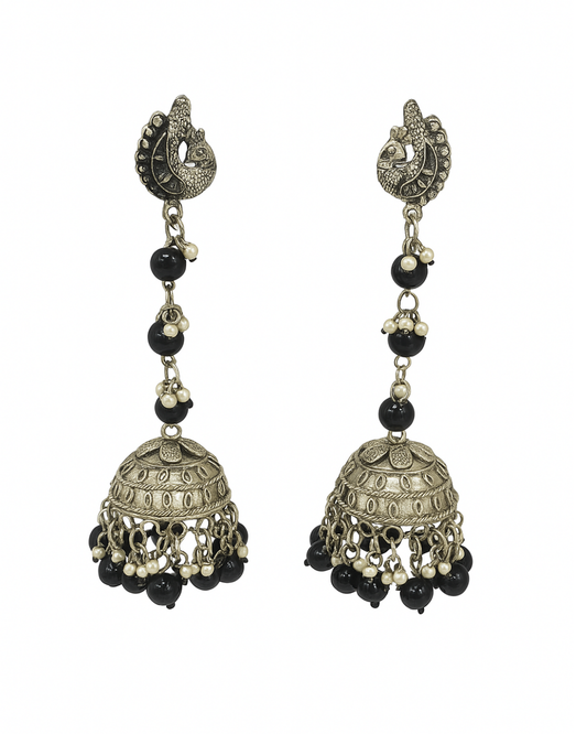 Long black and white beaded oxidised jhumka