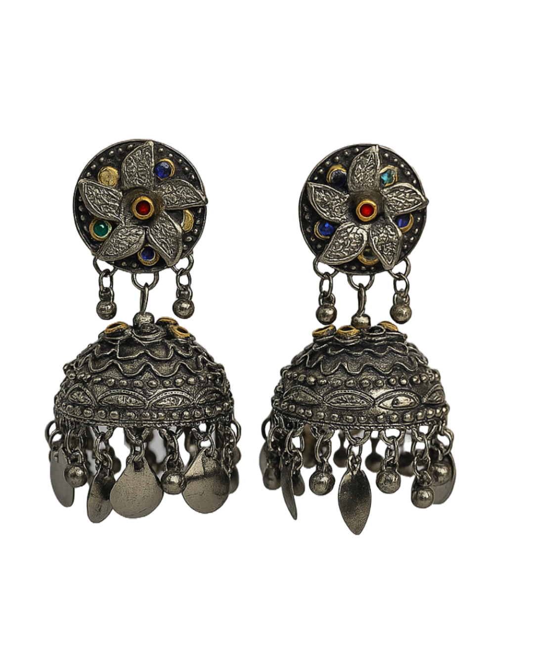 Floral multicolour stone oxidised jhumka