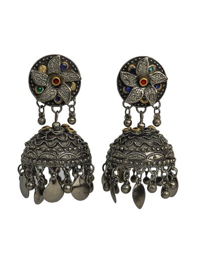 Floral multicolour stone oxidised jhumka