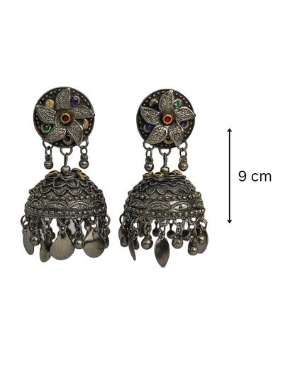 Floral multicolour stone oxidised jhumka