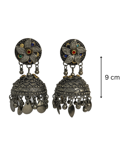 Floral multicolour stone oxidised jhumka