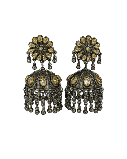 Floral kundan oxidised jhumka with golden tone