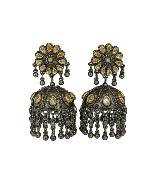 Floral kundan oxidised jhumka with golden tone