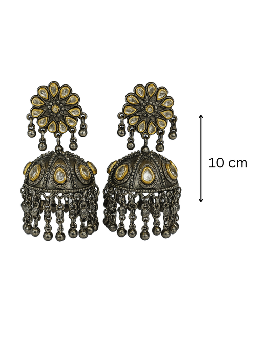 Floral kundan oxidised jhumka with golden tone