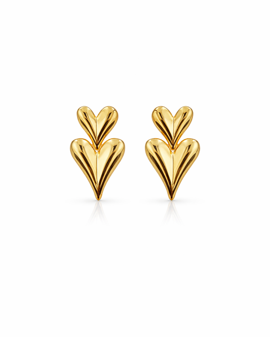 Golden double hearts metallic studs