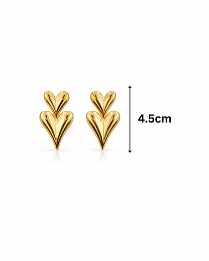 Golden double hearts metallic studs