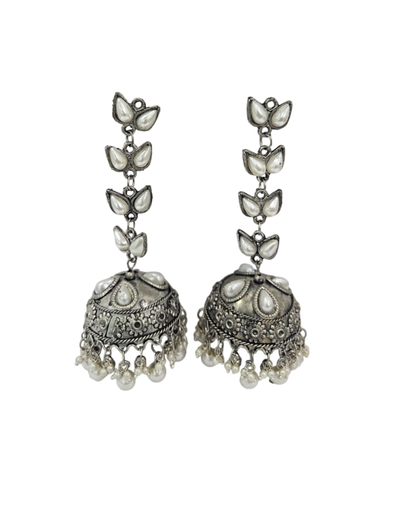 White petal long oxidised jhumka