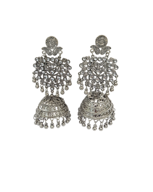 Mirror studded silver oxidised jhumka