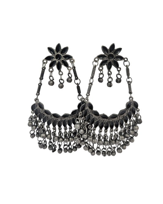Flower oversized oxidised chandbali in black