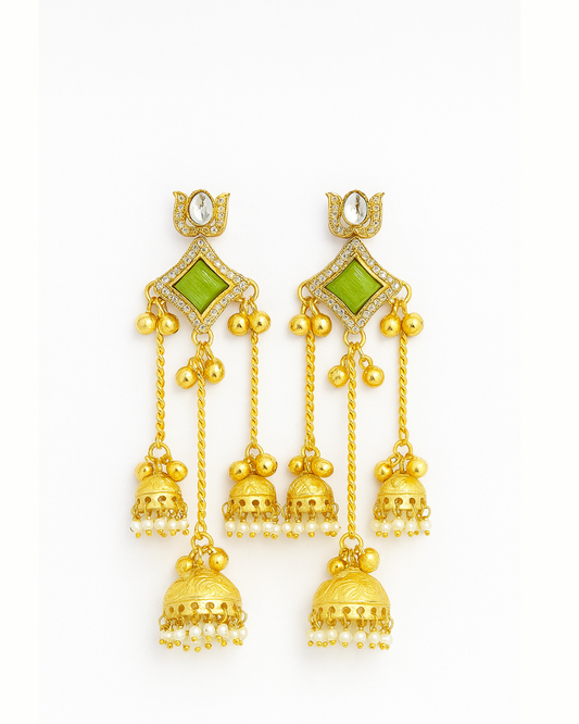 Golden tone kashmiri earrings with green stone