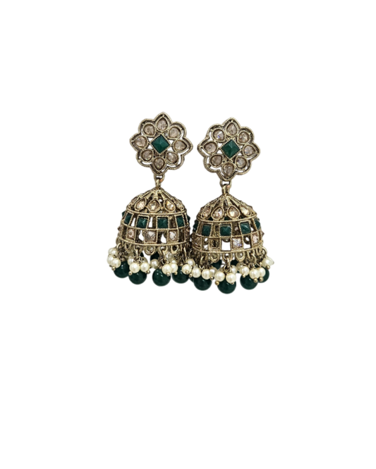 Brass tone jaali jhumka in green colour