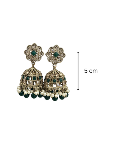 Brass tone jaali jhumka in green colour