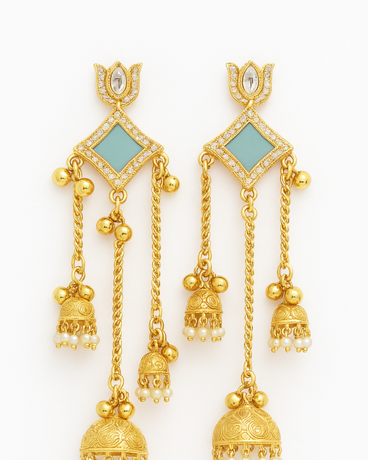 Golden tone kashmiri earrings with grey stone