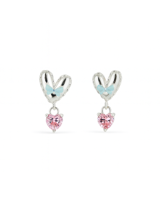 Silver heart danglers with bow